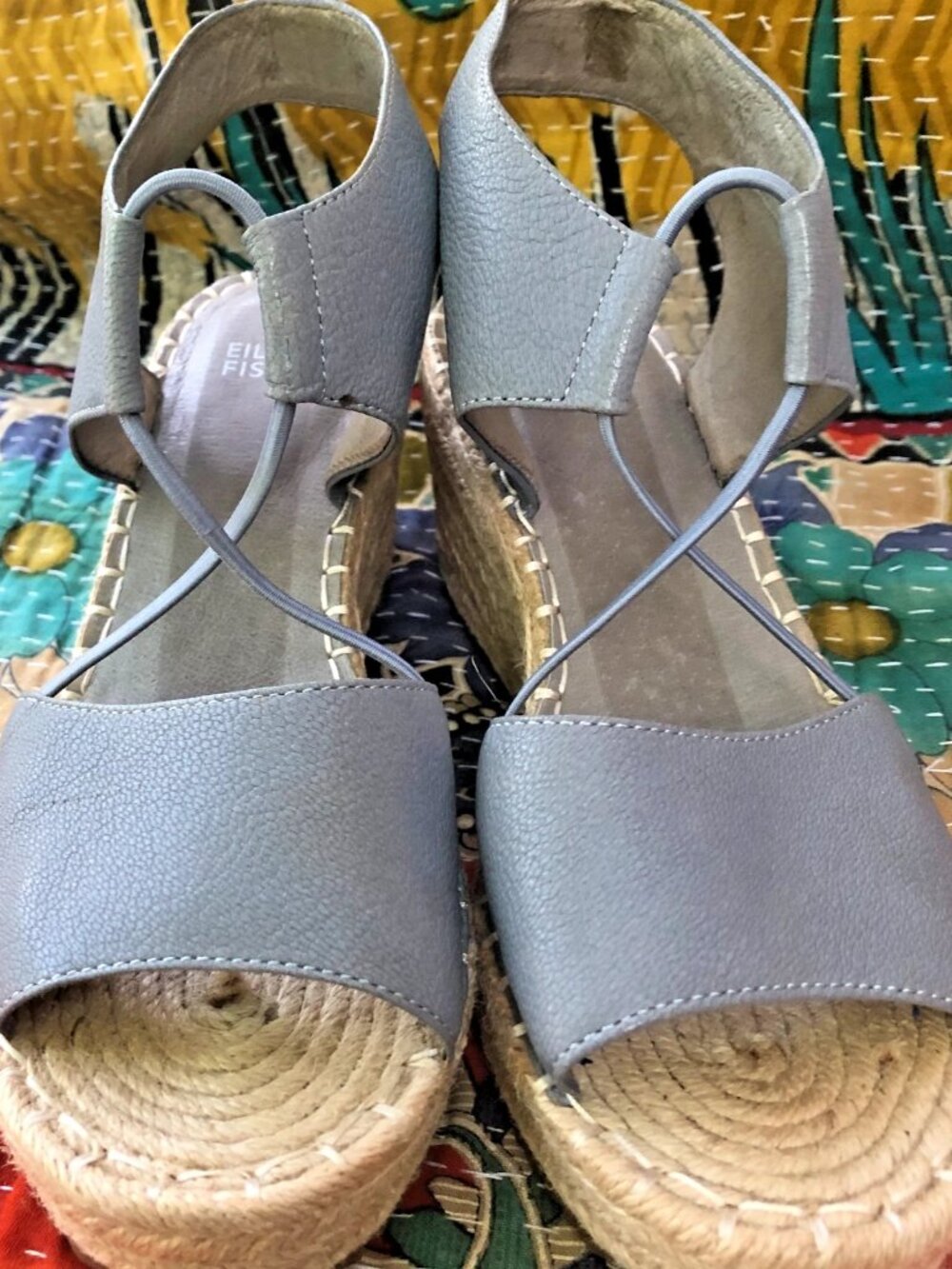 Eileen Fisher AGNES Blue Leather Espadrille Sandals SIZE 7.5 Platform Wedge